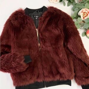 Burgundy Faux Fur Bomber Jacket